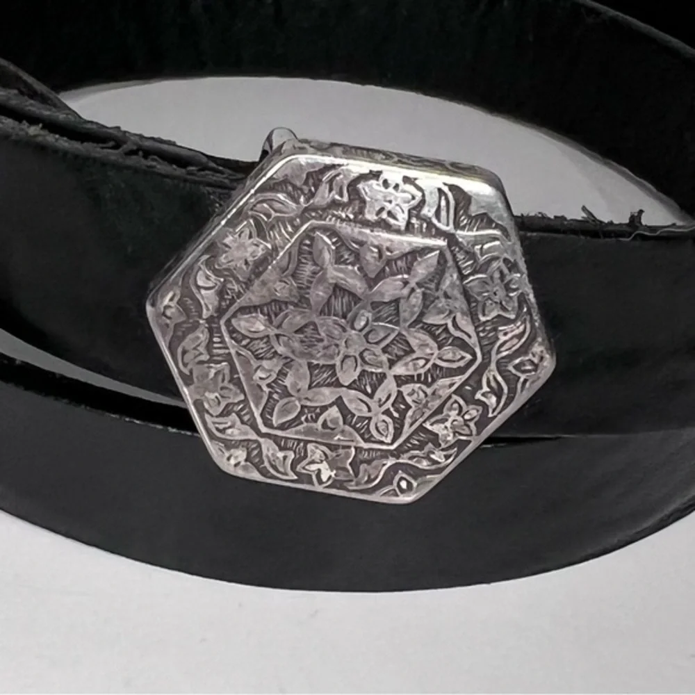 Vintage Nordstrom Ibel Pewter Buckle Black Leather Belt Made In Italy 32